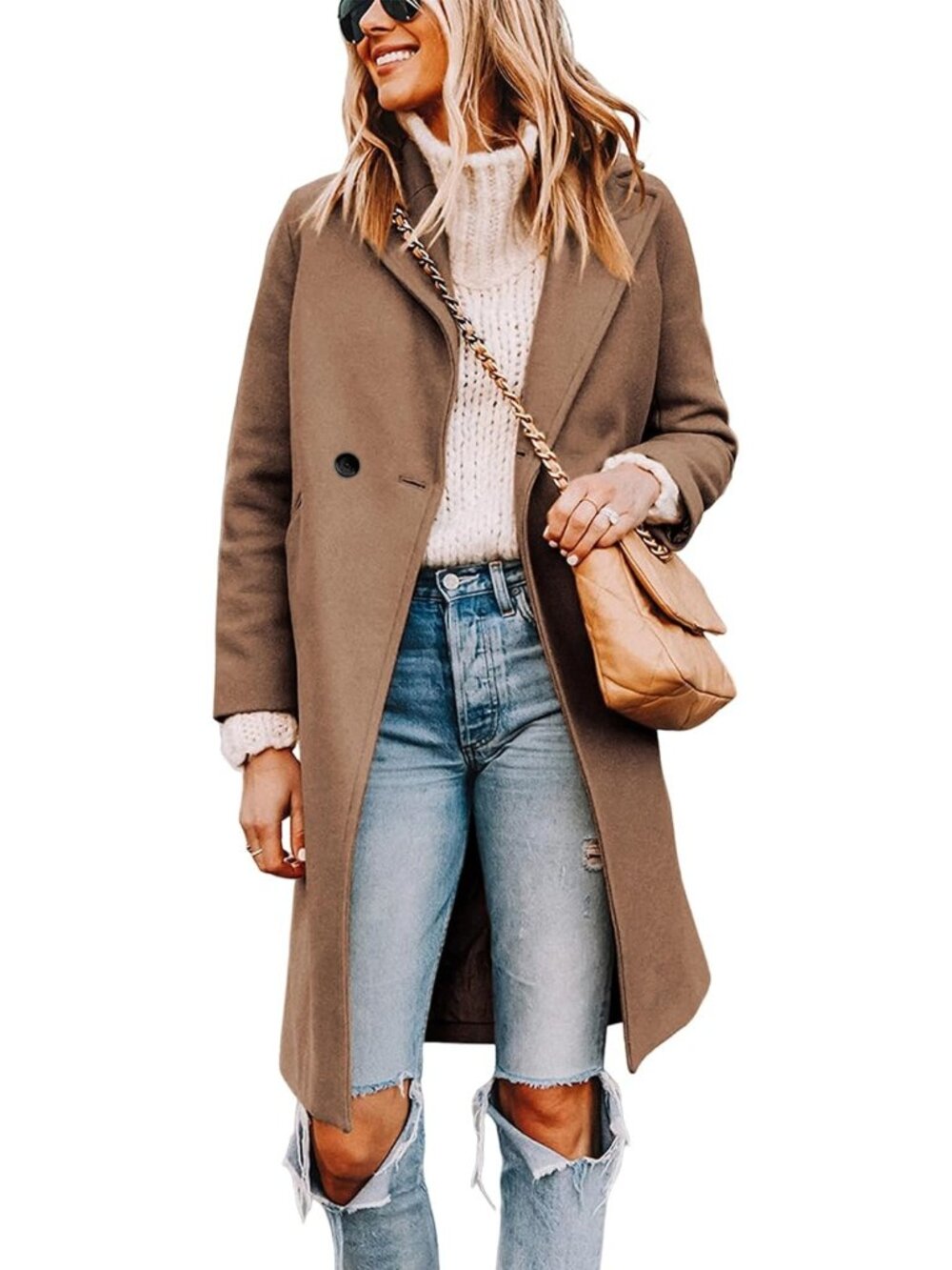 Women's Notch Lapel Double Breasted Camel Wool Blend Mid Long Pea Trench Coat